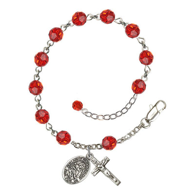 Our Lady of the Precious Blood Rosary Bracelet with Sterling Silver Crucifix and Charm, Birthstone 6mm Austrian Crystal Ruby Beads for July