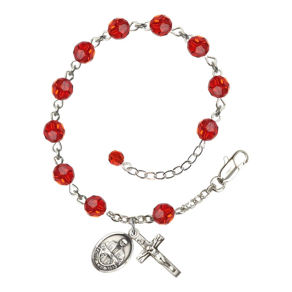 Bliss Pope Leo XIV Sterling Silver Rosary Bracelet with Birthstone 6mm Austrian Crystal Beads in Ruby for July