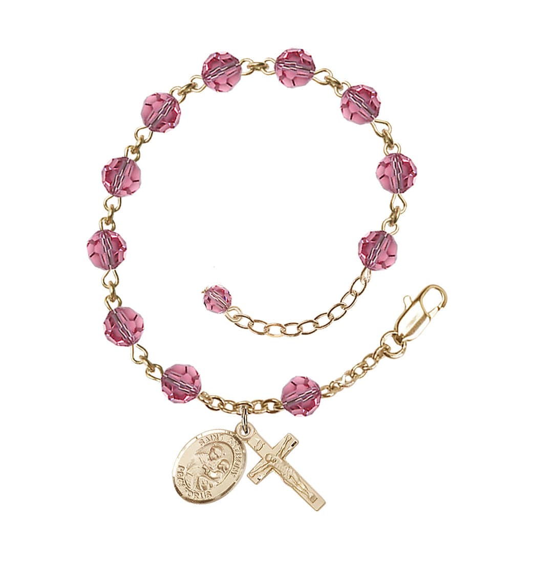 Bliss Gold Filled Crystal St Anthony of Padua Birthstone Rosary Bracelet in Rose,