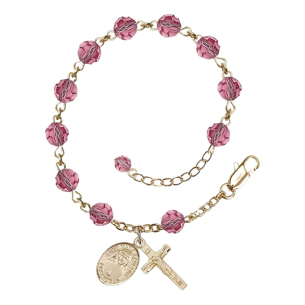 Bliss St. Maria Faustina Birthstone Rosary Gold-filled Bracelet with 6mm Austrian crystal Rose beads,