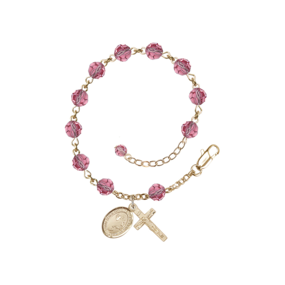 Footprint Cross 6mm Austrian Rose Crystal Gold-Filled Rosary Bracelet