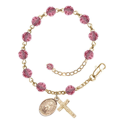Bliss Our Lady of Rosa Mystica Rosary Bracelet with Gold-filled Crucifix and Charm, Birthstone 6mm Austrian Crystal Pink Rose Beads for October