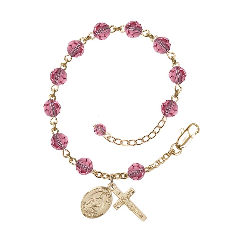 14kt Gold Crystal St Agnes of Rome Birthstone Rosary Bracelet in Rose, Bliss Manufacturing