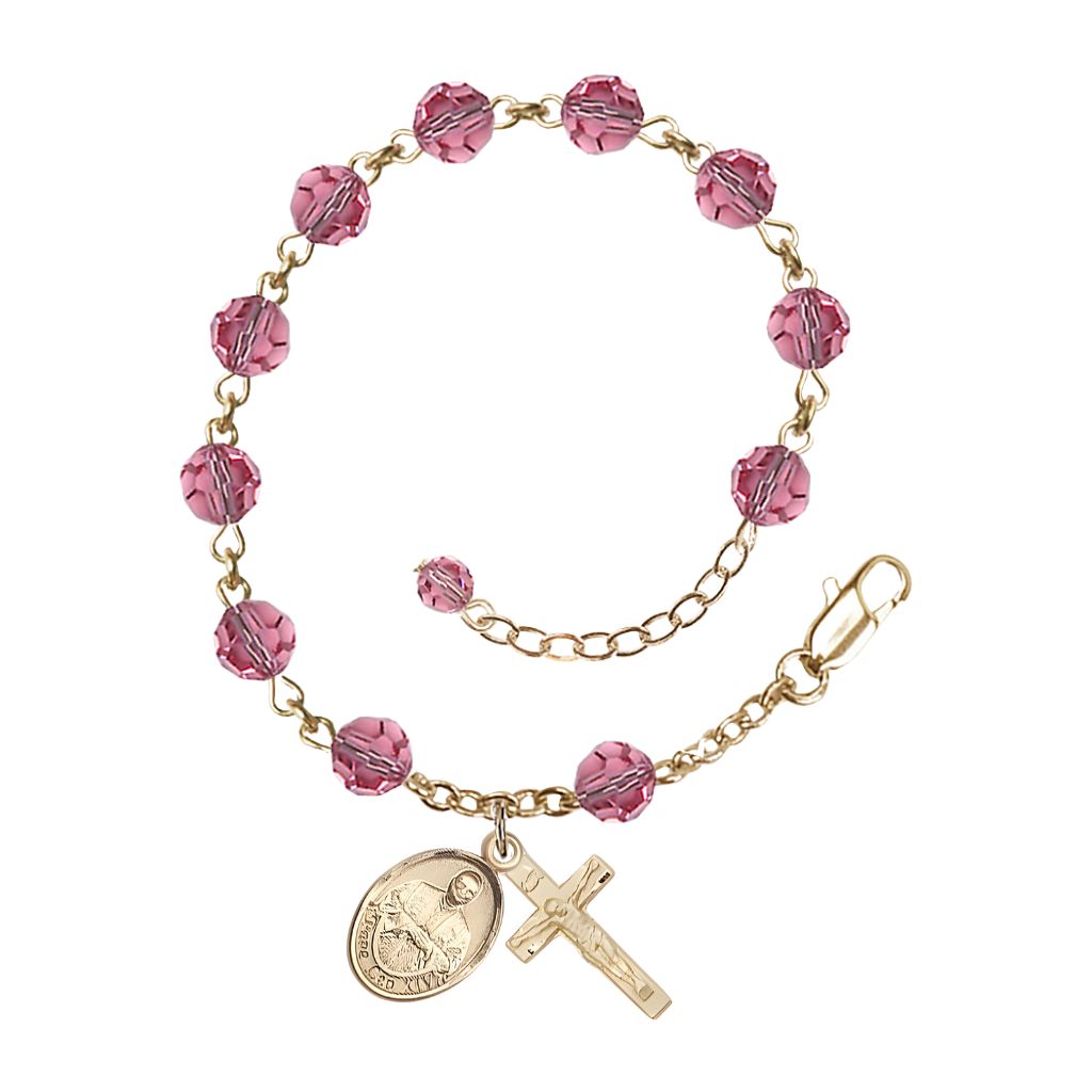 Bliss Pope Leo XIV 14kt Gold Rosary Bracelet with Birthstone 6mm Austrian Crystal Beads in Rose for October