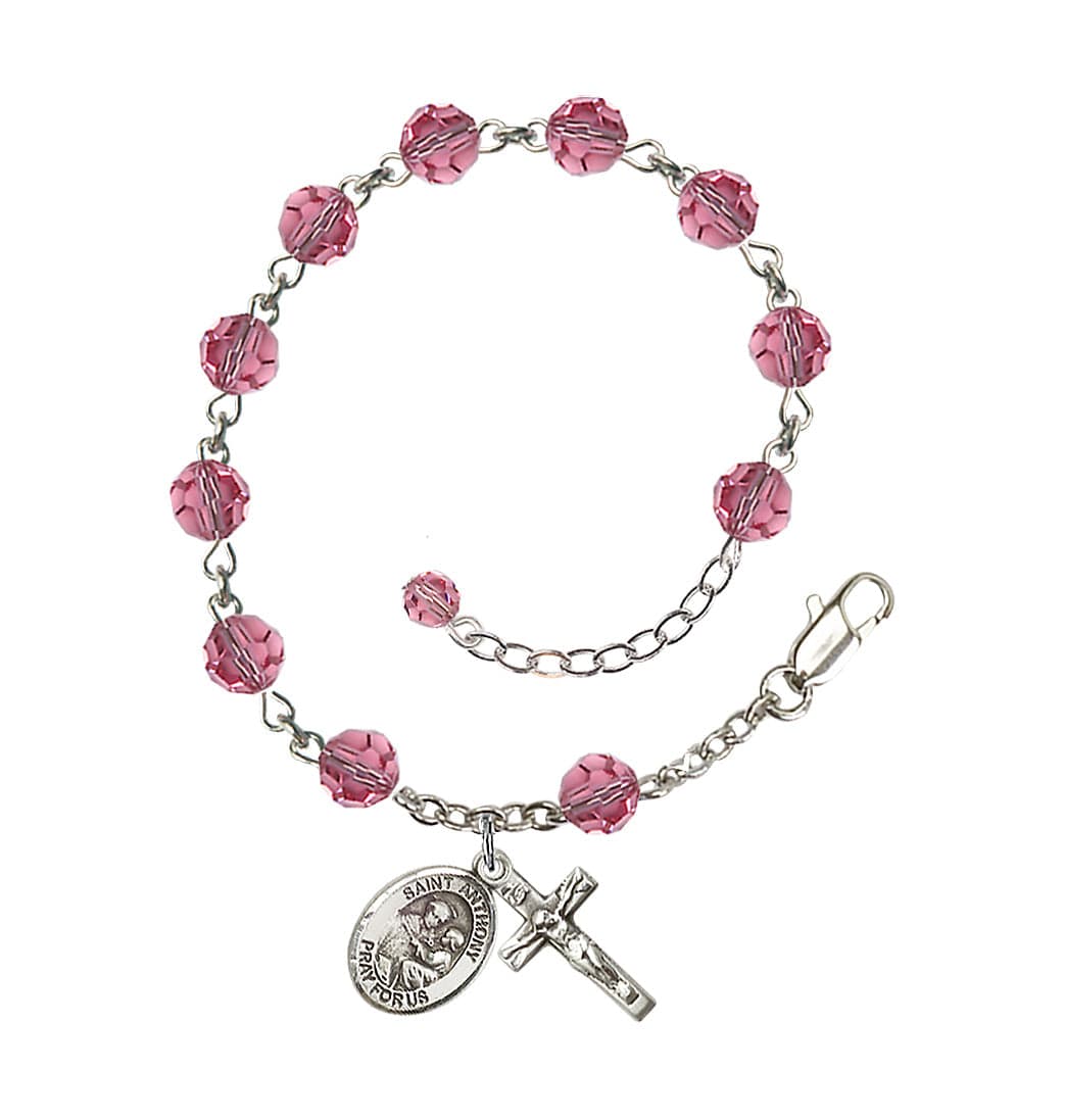 Bliss Sterling Silver Crystal St Anthony of Padua Birthstone Rosary Bracelet in Rose,