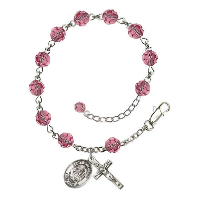 Saint Catherine of Siena Rosary Bracelet with Sterling Silver Crucifix and Medal, Birthstone 6mm Austrian Crystal Pink Rose Beads for October, Bliss Manufacturing
