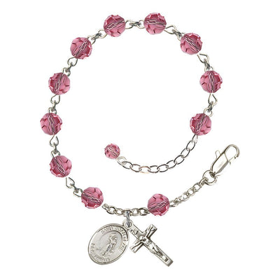 Our Lady of the Precious BloodRosary Bracelet with Sterling Silver Crucifix and Charm, Birthstone 6mm Austrian Crystal Pink Rose Beads for October, Bliss Manufacturing