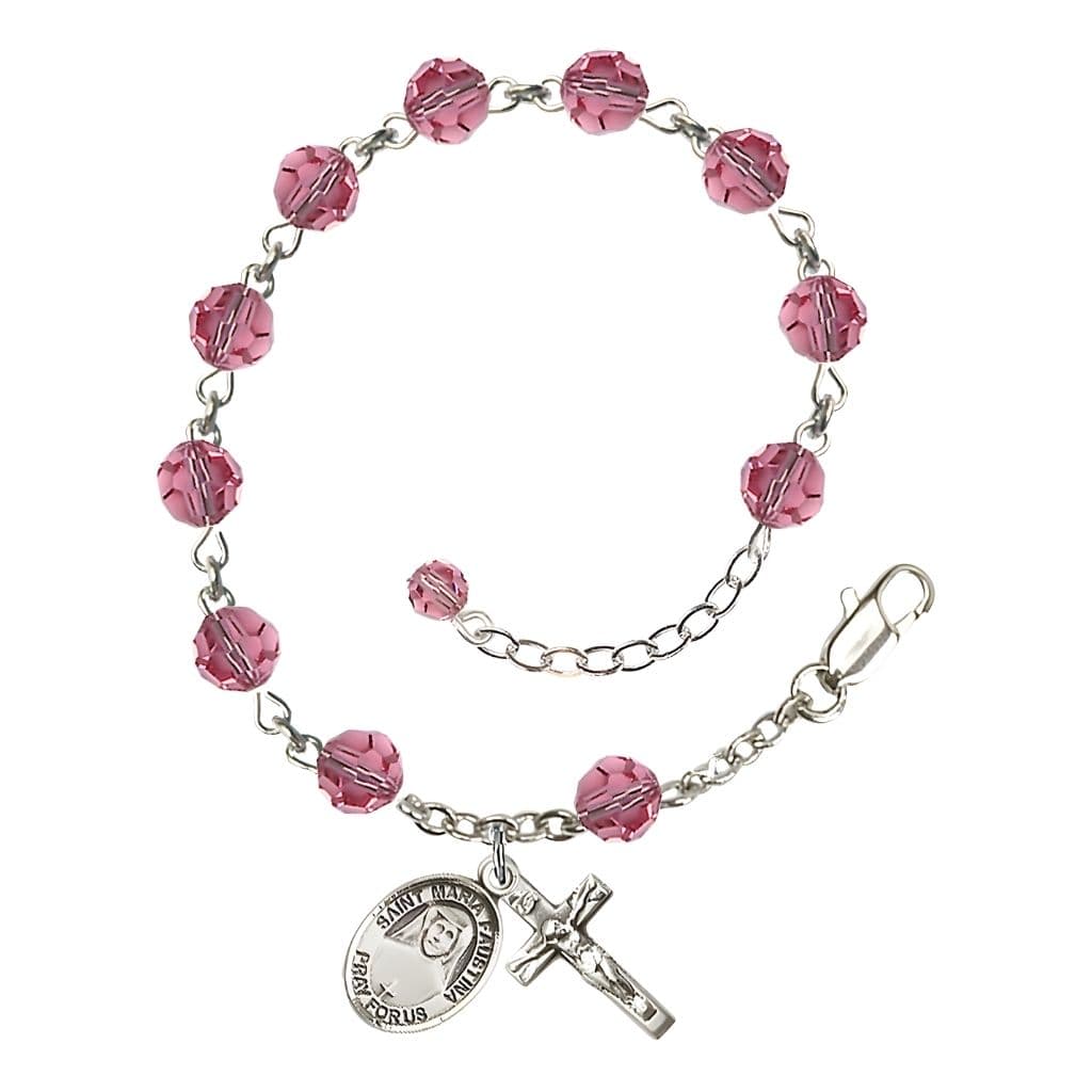Bliss St. Maria Faustina Birthstone Sterling Silver 6mm Rose Austrian Crystal Rosary Bracelet,
