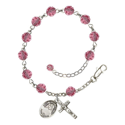 St. Maria Faustina Birthstone Sterling Silver 6mm Rose Austrian Crystal Rosary Bracelet, Bliss Manufacturing
