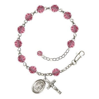St. Nicholas Rosary Bracelet with Sterling Silver Centerpiece and Crucifix, October Birthstone 6mm Pink Austrian Crystal Beads in Rose, Bliss Manufacturing