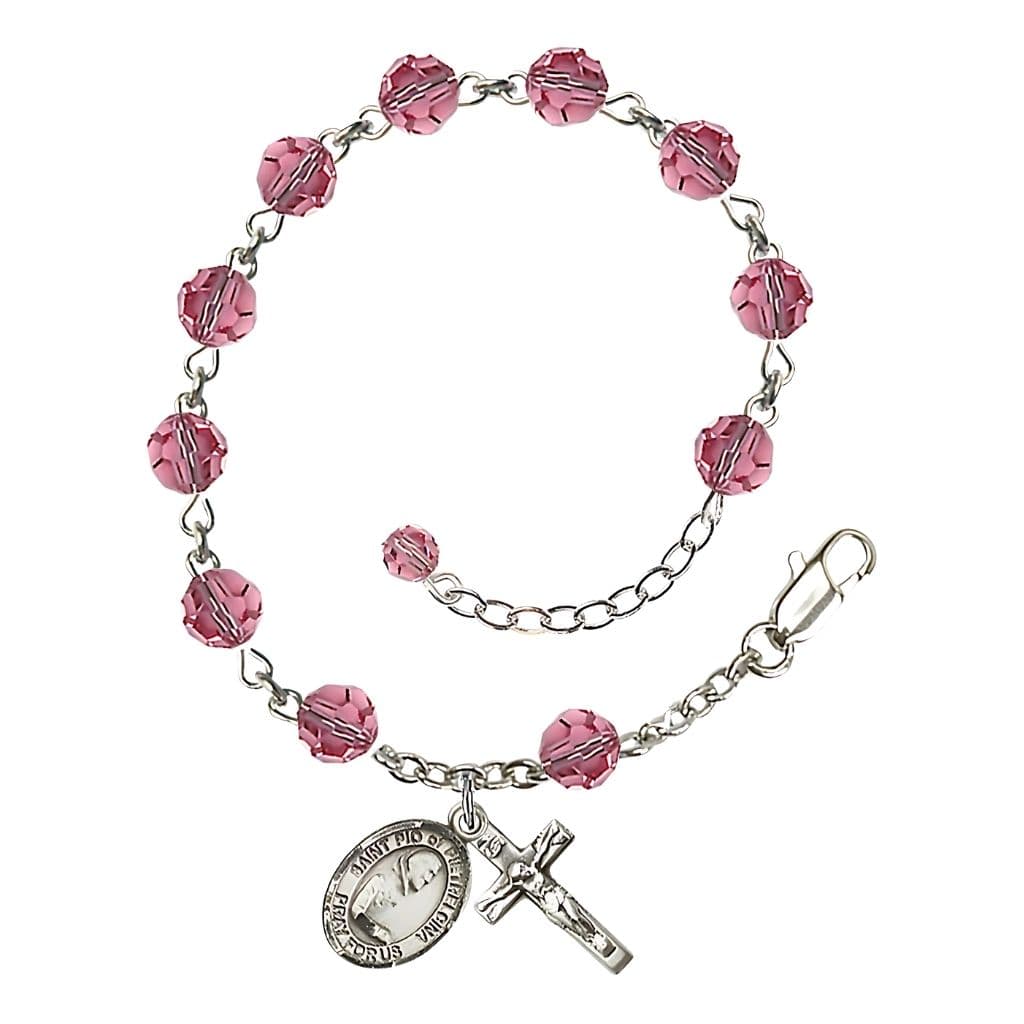 Bliss St. Padre Pio of Pietrelcina Birthstone Rosary Sterling Silver Bracelet with rose 6mm Austrian crystal beads