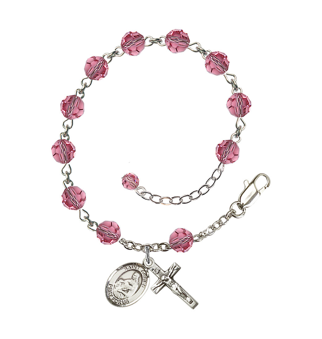 Bliss Sterling Silver Crystal St Agnes of Rome Birthstone Rosary Bracelet in Rose,