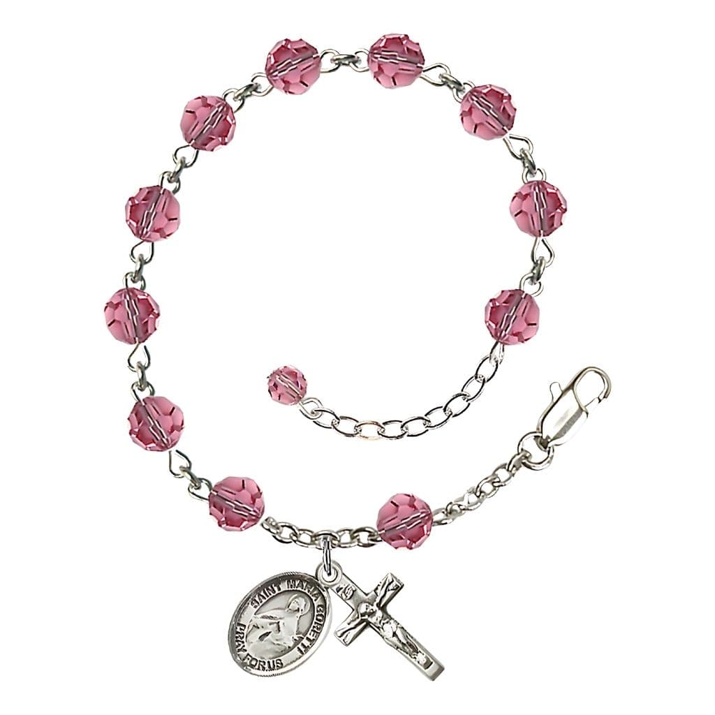 Bliss St. Maria Goretti Birthstone Sterling Silver Austrian Crystal Rosary Bracelet in Rose,