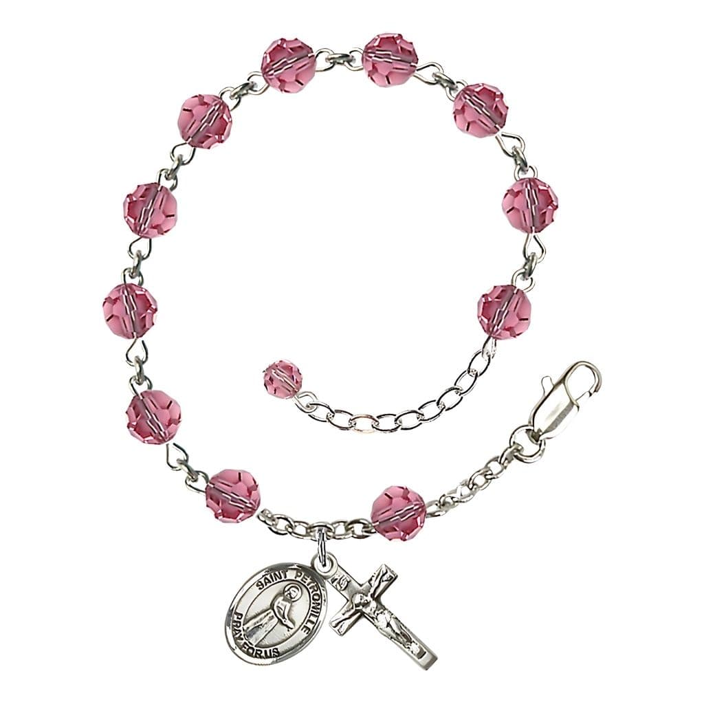 St. Petronille Sterling Silver Rosary Bracelet with 6mm Rose Austrian Crystal Beads,