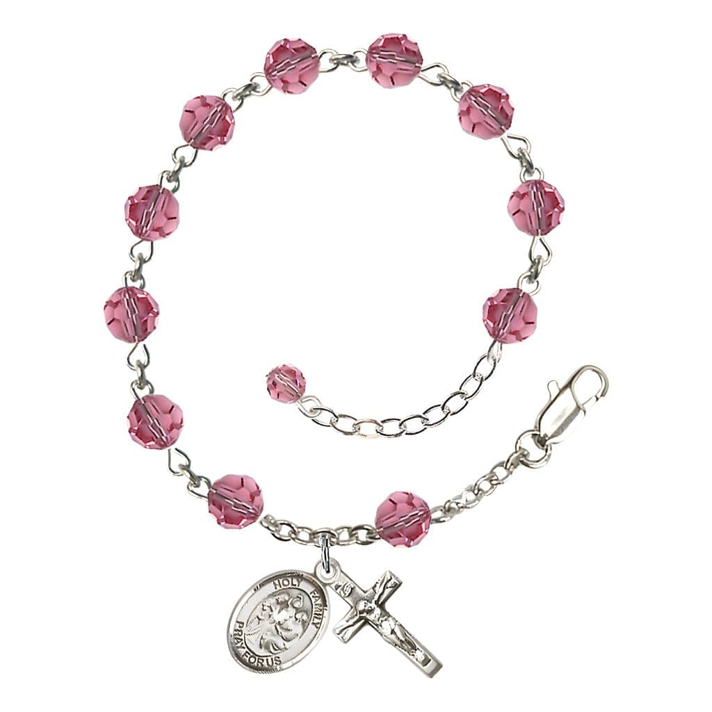 Bliss Holy Family Rosary Bracelet with Sterling Silver Crucifix and Medal, Birthstone 6mm Austrian Crystal Pink Rose Beads for October