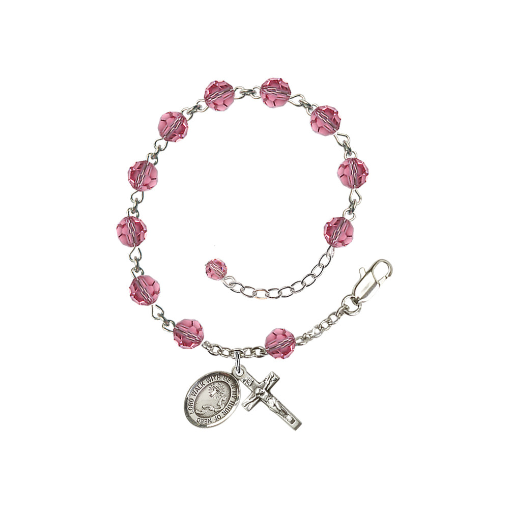 Footprints Cross 6mm Austrian Rose Crystal Sterling Silver Rosary Bracelet