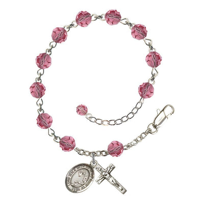 Footprints Cross 6mm Austrian Rose Crystal Sterling Silver Rosary Bracelet, Bliss Manufacturing