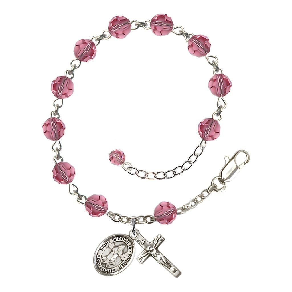 Bliss St. Isidore the Farmer Rosary Bracelet with Sterling Silver Crucifix and Charm, Birthstone 6mm Austrian Crystal Pink Rose Beads for October