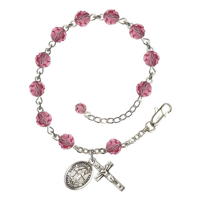 St. Isidore the Farmer Rosary Bracelet with Sterling Silver Crucifix and Charm, Birthstone 6mm Austrian Crystal Pink Rose Beads for October, Bliss Manufacturing