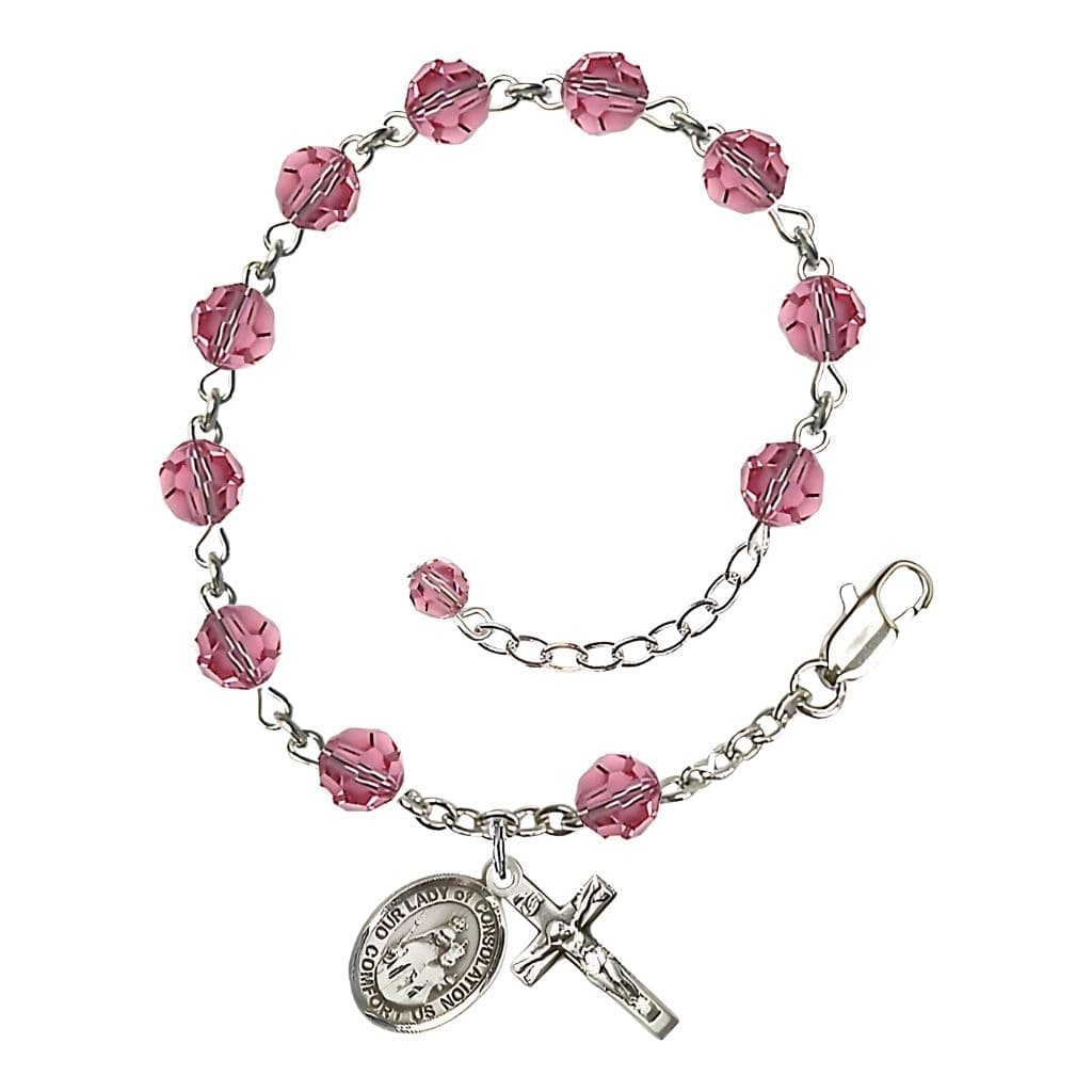 Bliss Our Lady of Consolation Birthstone Sterling Silver Rosary Bracelet in Rose,