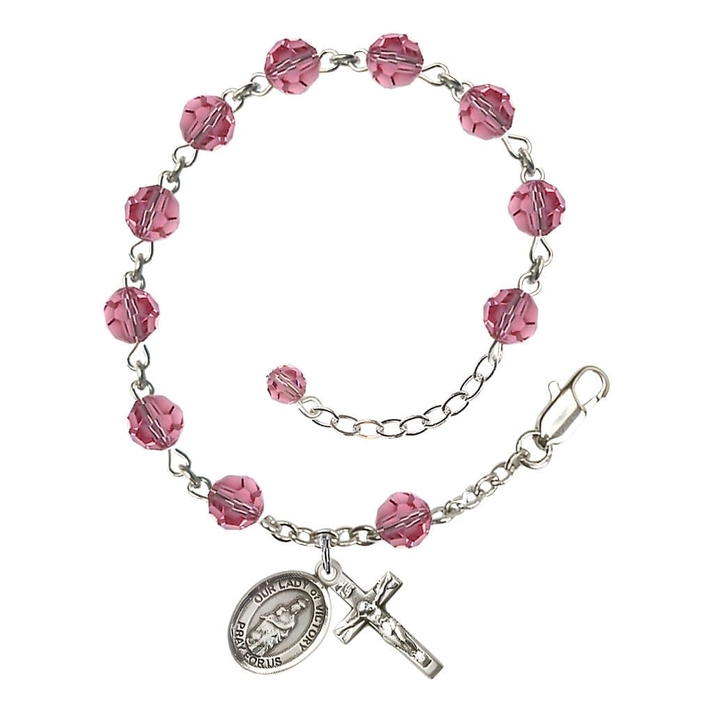 Bliss Our Lady of Victory Sterling Silver October Birthstone Rose 6mm Austrian Crystal Rosary Bracelet