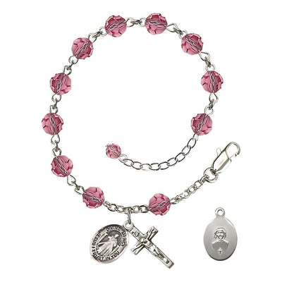 Jesus Divine Mercy Rosary Bracelet with Sterling Silver Crucifix and Charm, Birthstone 6mm Austrian Crystal Pink Rose Beads for October, Bliss Manufacturing