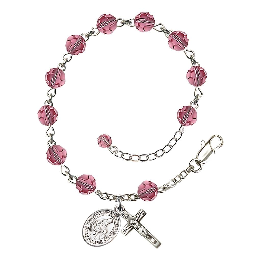 Bliss St. Margaret of Scotland Birthstone Sterling Silver Austrian Crystal Rosary Bracelet in Rose,