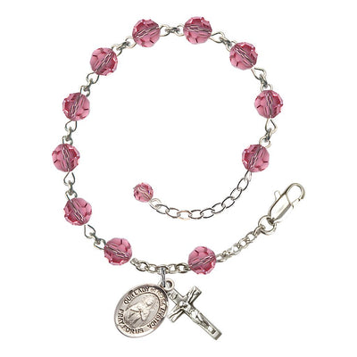 Bliss Our Lady of Rosa Mystica Rosary Bracelet with Sterling Silver Crucifix and Charm, Birthstone 6mm Austrian Crystal Pink Rose Beads for October
