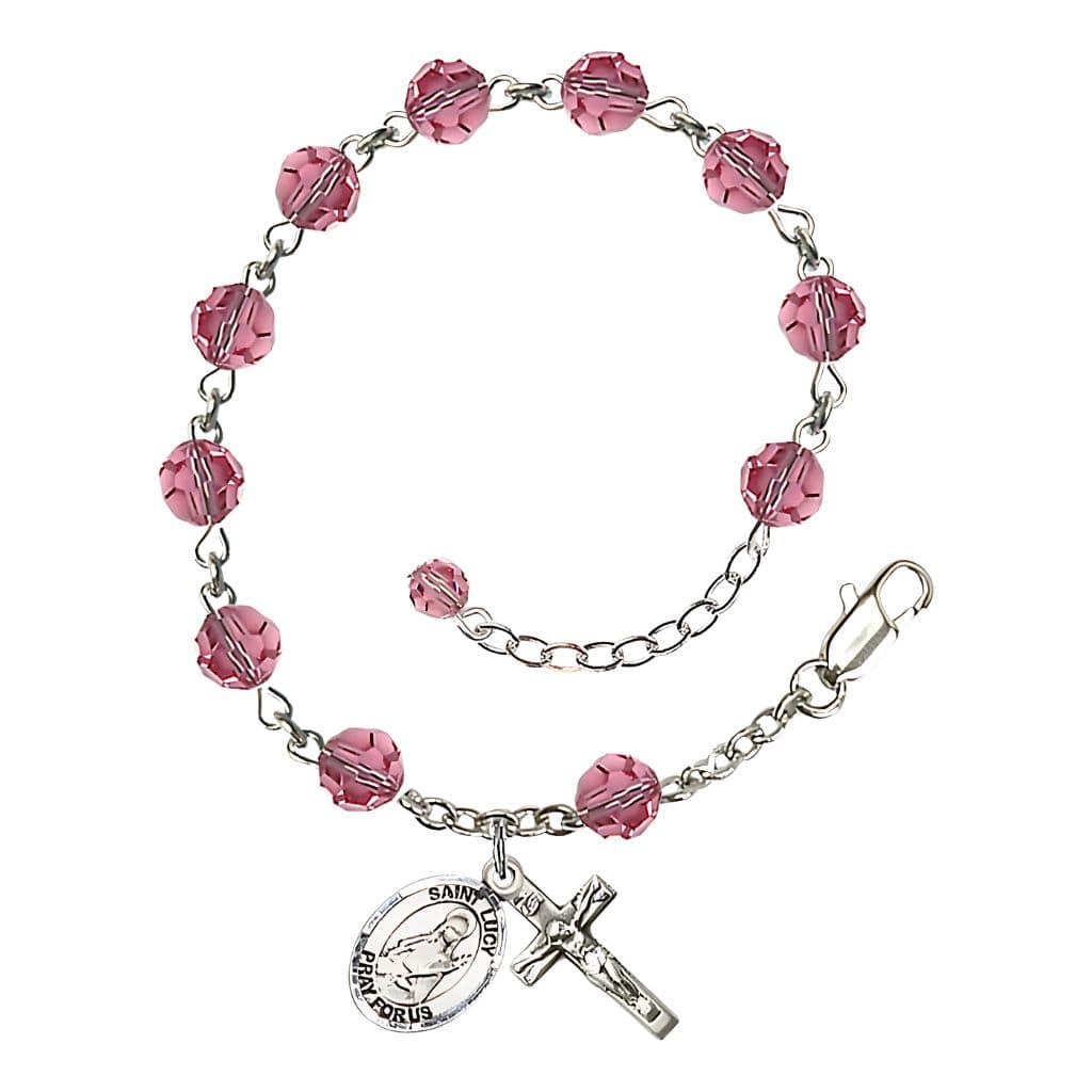 St. Lucy 6mm Rose Birthstone Sterling Silver Rosary Bracelet,