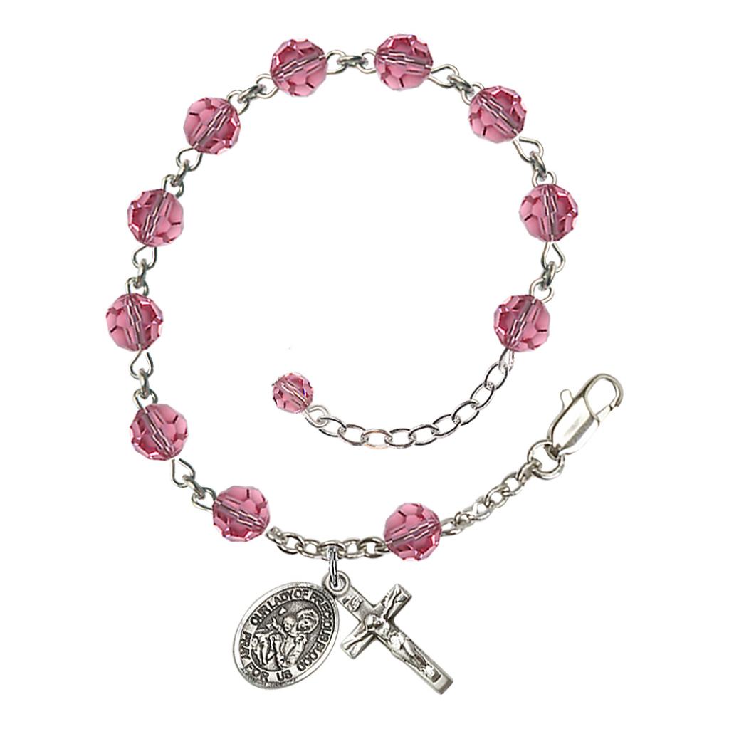 Our Lady of the Precious Blood Rosary Bracelet with Sterling Silver Crucifix and Charm, Birthstone 6mm Austrian Crystal Pink Rose Beads for October