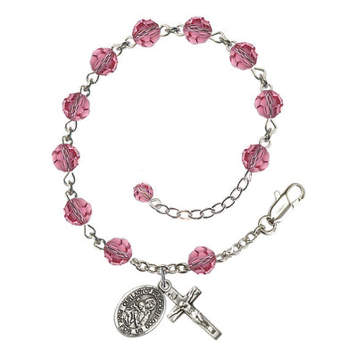 Our Lady of the Precious Blood Rosary Bracelet with Sterling Silver Crucifix and Charm, Birthstone 6mm Austrian Crystal Pink Rose Beads for October