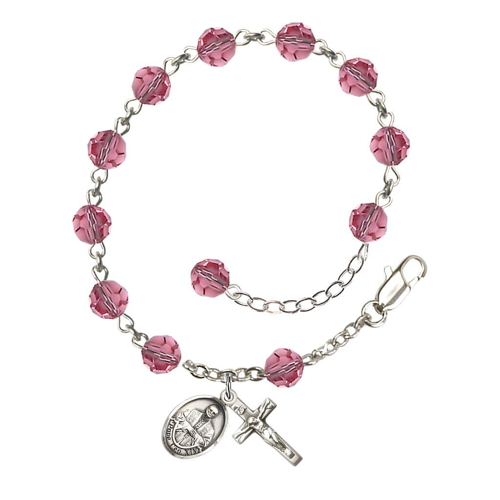 Bliss Pope Leo XIV Sterling Silver Rosary Bracelet with Birthstone 6mm Austrian Crystal Beads in Rose for October