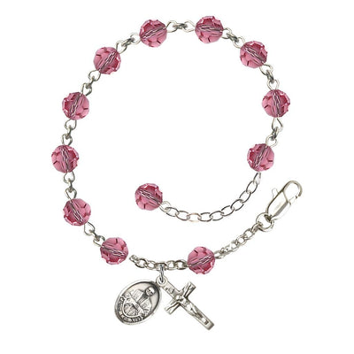 Pope Leo XIV Sterling Silver Rosary Bracelet with Birthstone 6mm Austrian Crystal Beads in Rose for October, Bliss Manufacturing