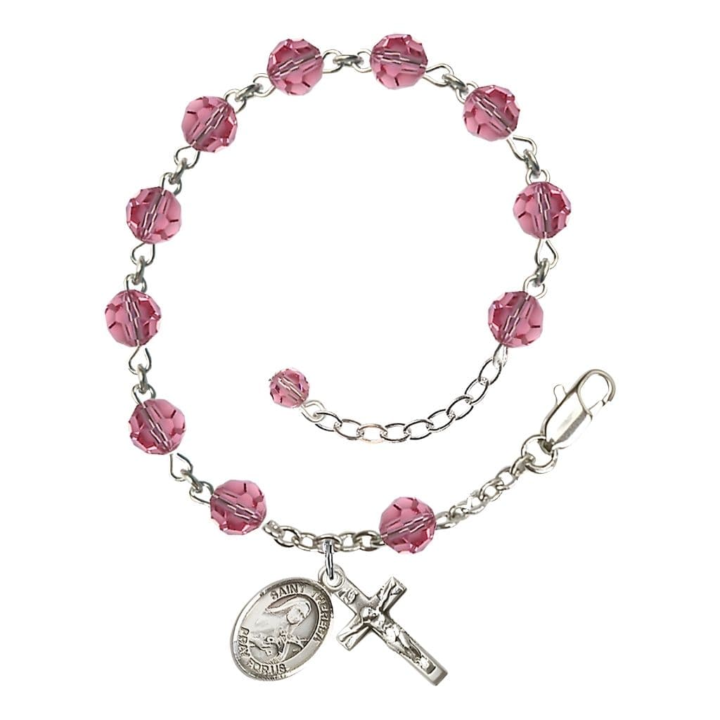 St. Theresa 6mm Rose Austrian Crystal October Birthstone Sterling Silver Rosary Bracelet