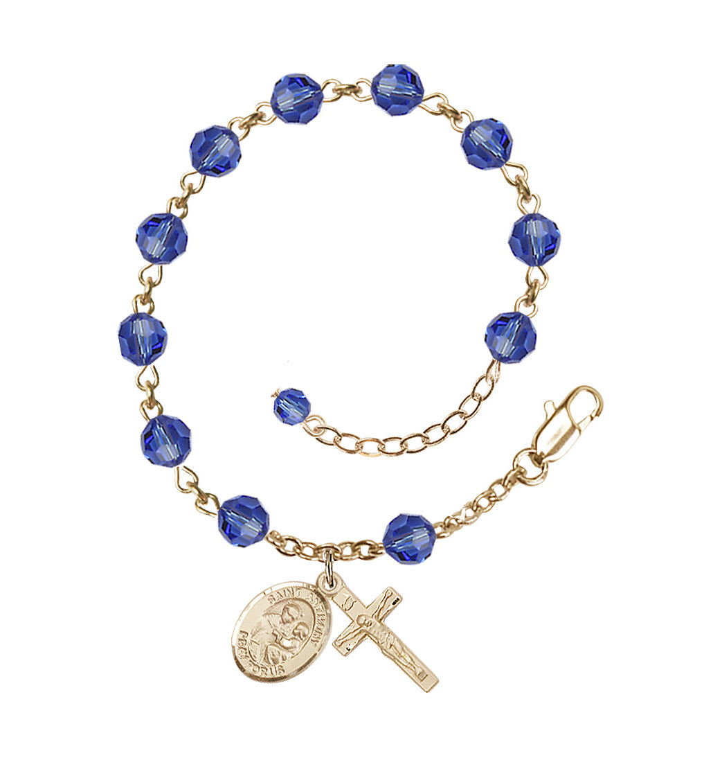 Bliss Adjustable 14kt Gold 6mm Austrian Crystal Saint Anthony of Padua Rosary Bracelet in Sapphire,