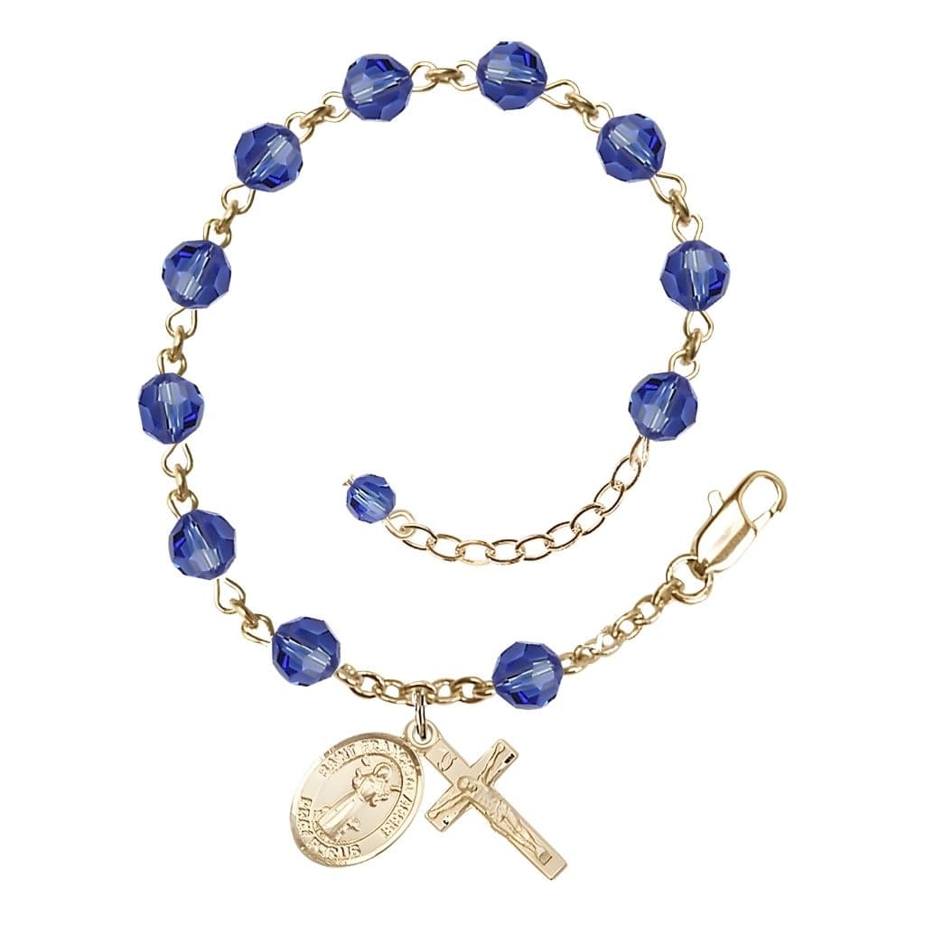 Bliss St. Francis of Assisi 6mm Austrian Crystal Bead Birthstone Rosary Gold-filled Bracelet in Sapphire