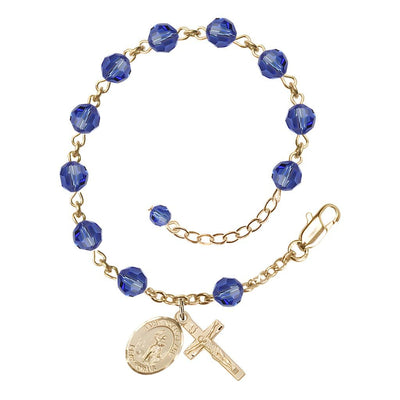 Our Lady of the Precious BloodRosary Bracelet with Gold-filled Crucifix and Charm, Birthstone 6mm Austrian Crystal Sapphire Beads for September, Bliss Manufacturing