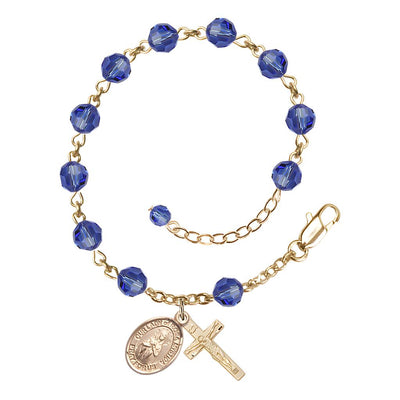 Bliss Our Lady of Rosa Mystica Rosary Bracelet with Gold-filled Crucifix and Charm, Birthstone 6mm Austrian Crystal Sapphire Beads for September