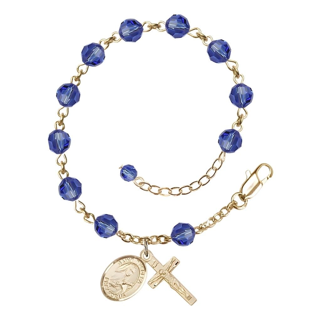 Bliss St. Theresa September Birthstone Sapphire 6mm Austrian Crystal 14kt Gold Rosary with Centerpiece and Crucifix
