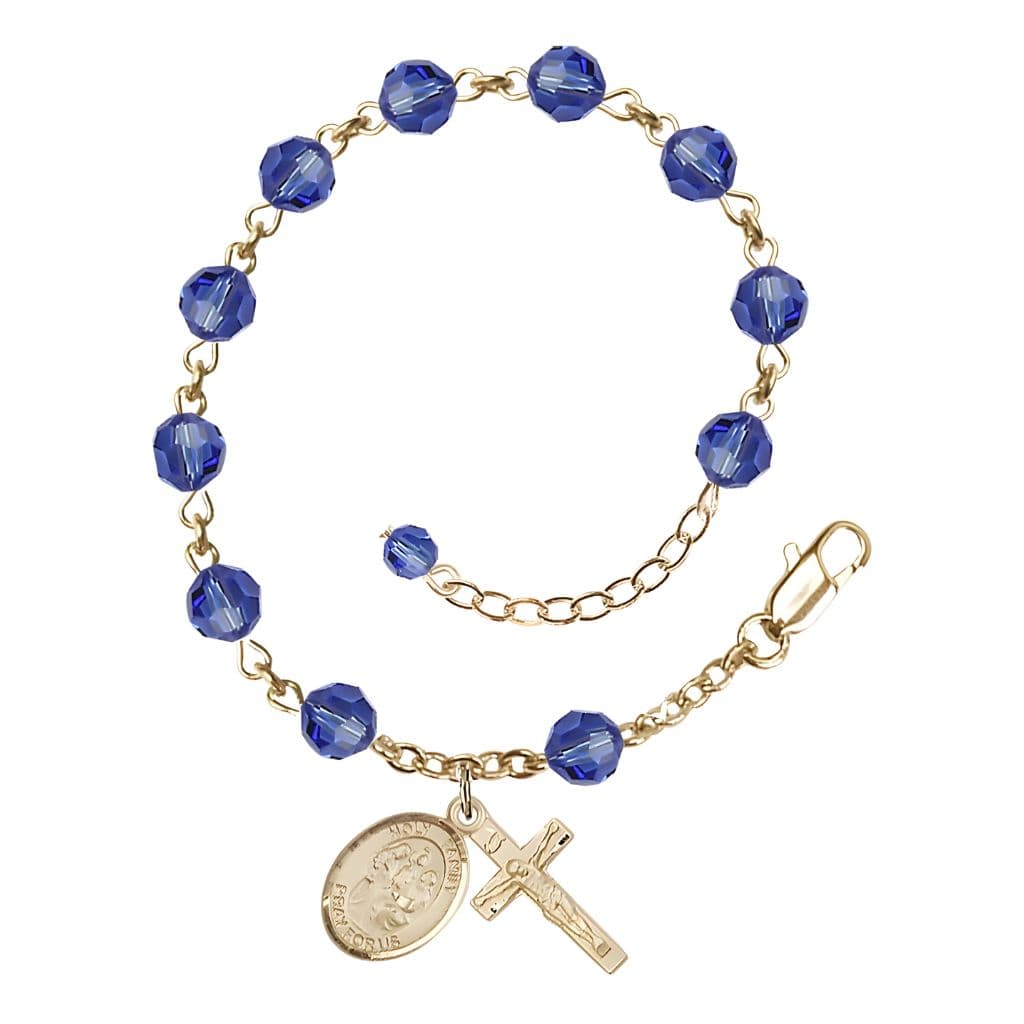 Bliss Holy Family Rosary Bracelet with 14kt Gold Crucifix and Medal, Birthstone 6mm Austrian Crystal Sapphire Beads for September