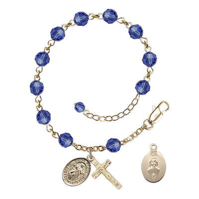 Jesus Divine Mercy Rosary Bracelet with 14kt Gold Crucifix and Charm, Birthstone 6mm Austrian Crystal Sapphire Beads for September, Bliss Manufacturing