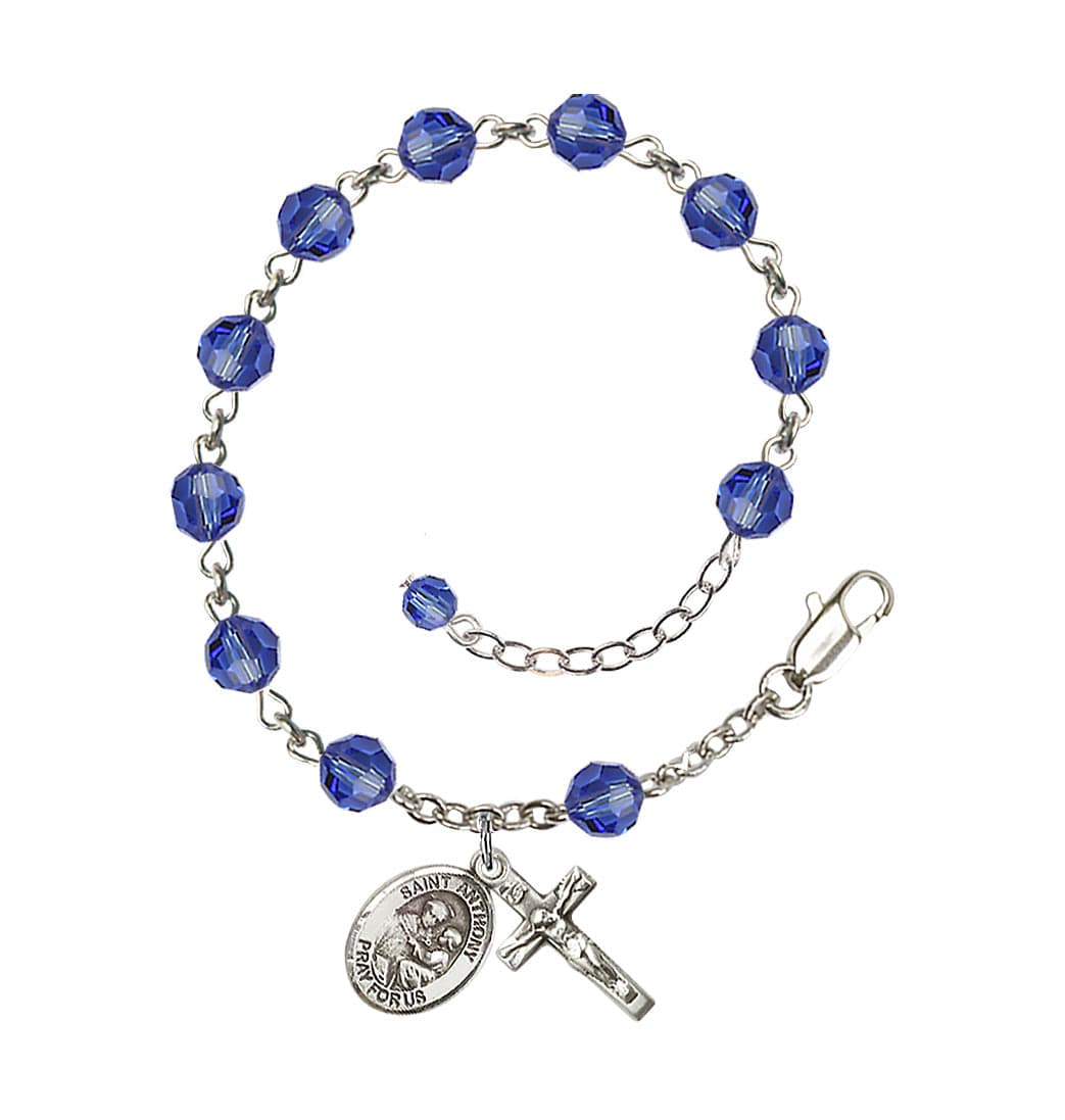 Bliss Sterling Silver Crystal St Anthony of Padua Birthstone Rosary Bracelet in Sapphire,