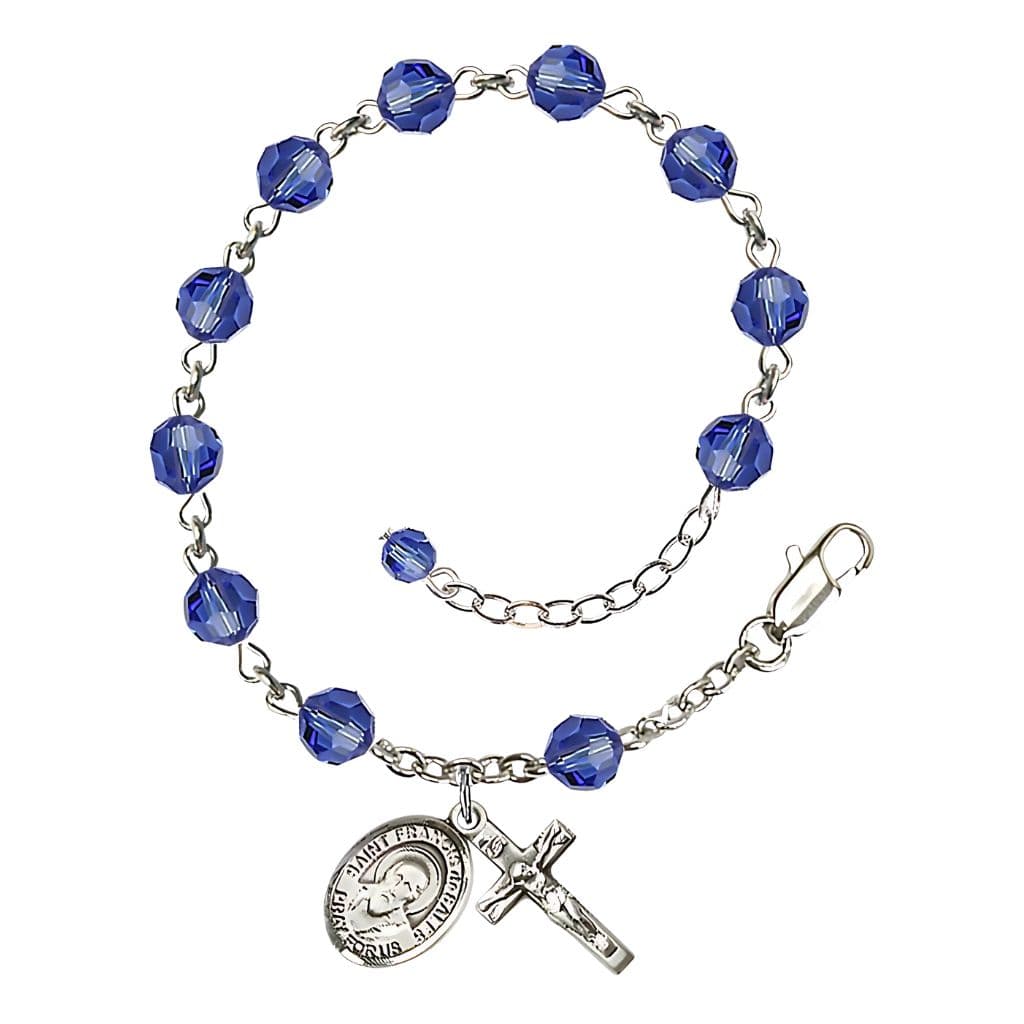 St. Francis de Sales 6mm Sapphire Birthstone Sterling Silver Rosary Bracelet,