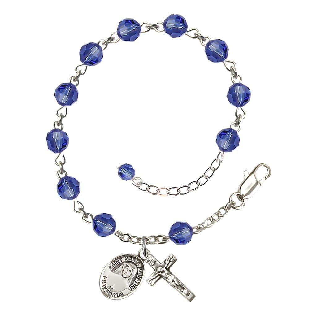 Bliss St. Maria Faustina Birthstone Sterling Silver 6mm Sapphire Austrian Crystal Rosary Bracelet,