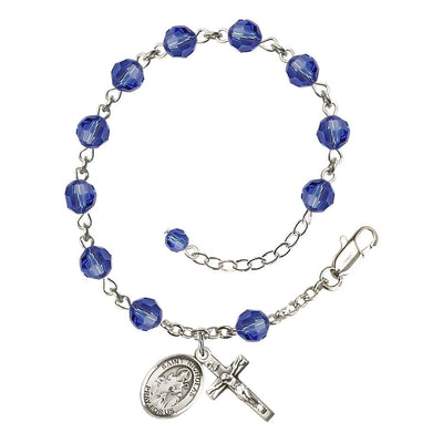 St. Nicholas Rosary Bracelet with Sterling Silver Centerpiece and Crucifix, September Birthstone 6mm Sapphire Austrian Crystal Beads, Bliss Manufacturing
