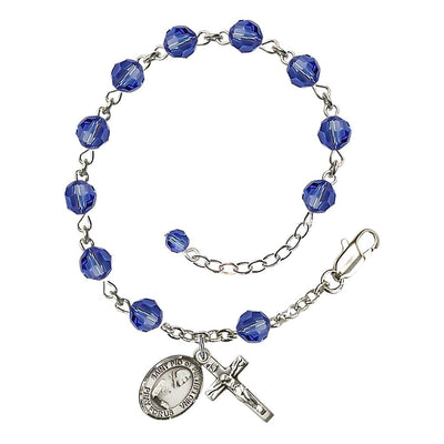 St. Padre Pio of Pietrelcina Birthstone Rosary Sterling Silver Bracelet with sapphire 6mm Austrian crystal beads, Bliss Manufacturing