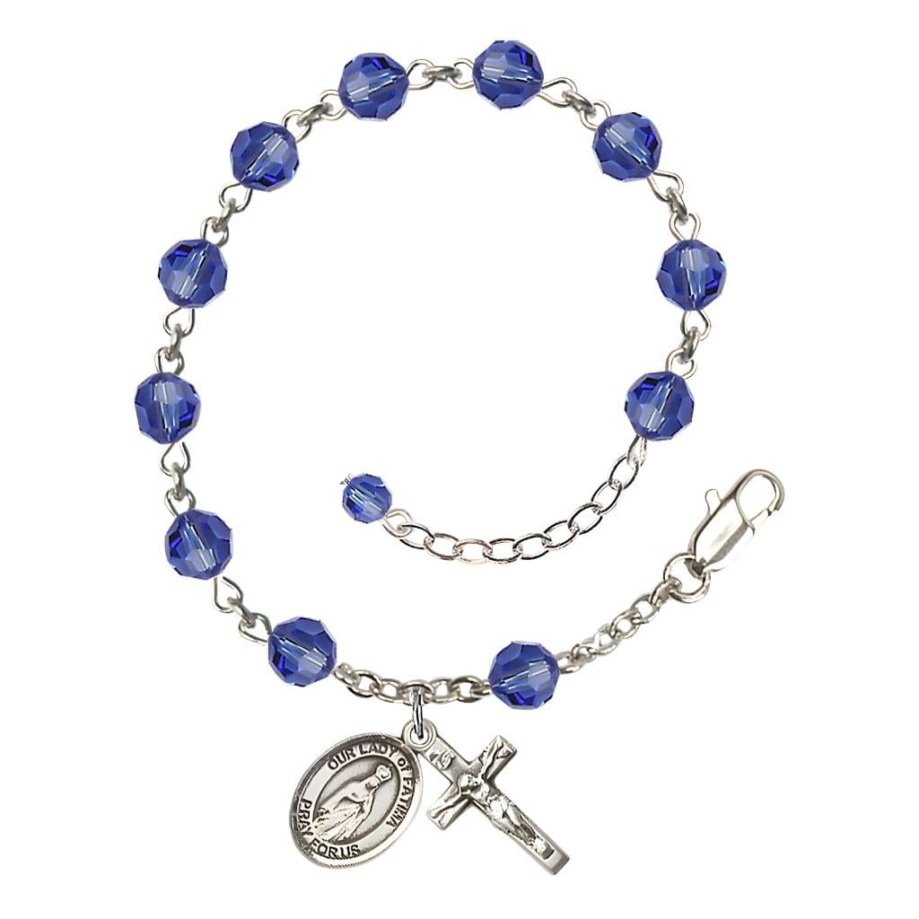 Bliss Our Lady of Fatima Rosary Bracelet with Sterling Silver Crucifix and Charm, Birthstone 6mm Austrian Crystal Sapphire Beads for September