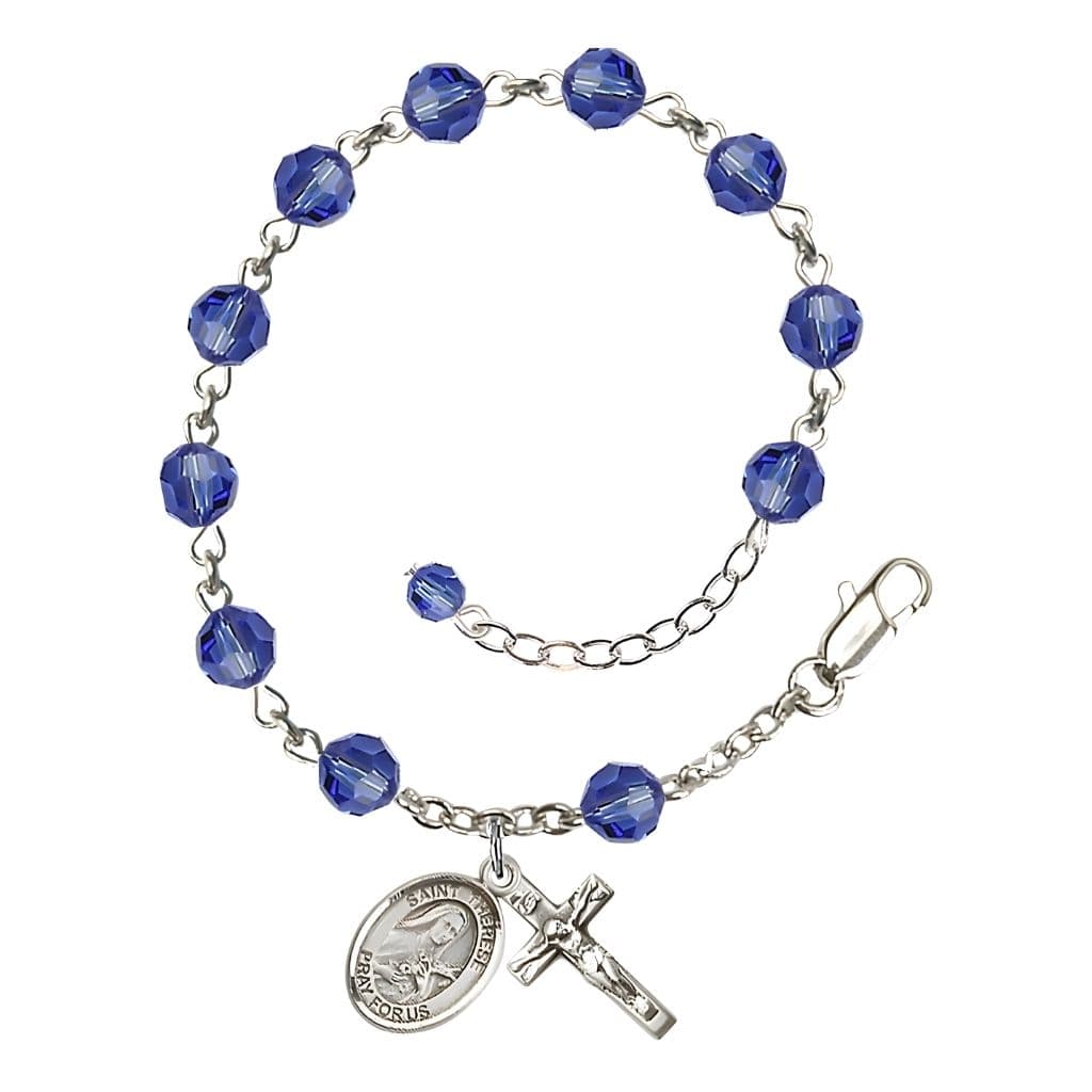 Bliss St. Therese of Lisieux 6mm Sapphire Austrian Crystal Birthstone Sterling Silver Rosary