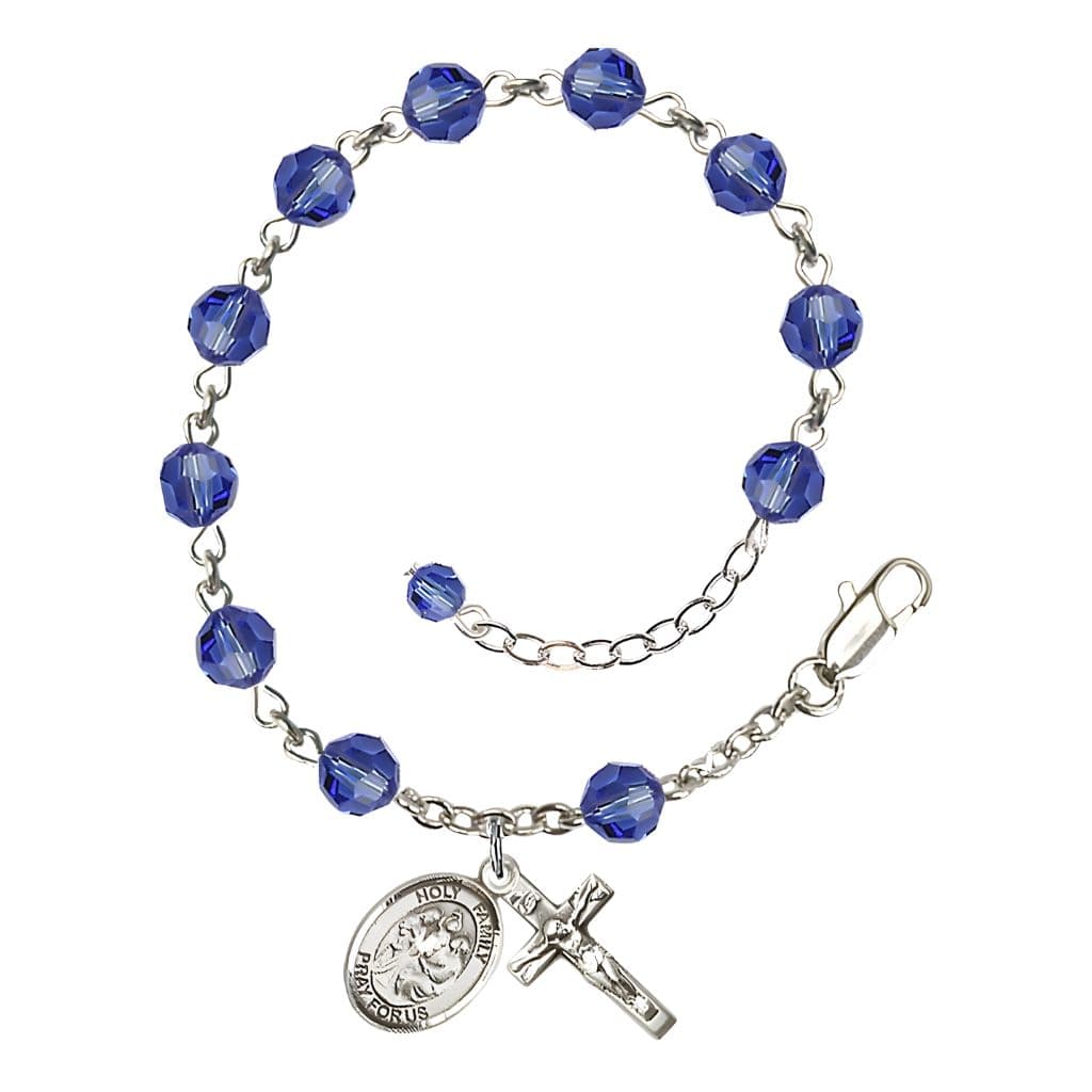 Bliss Holy Family Rosary Bracelet with Sterling Silver Crucifix and Medal, Birthstone 6mm Austrian Crystal Sapphire Beads for September