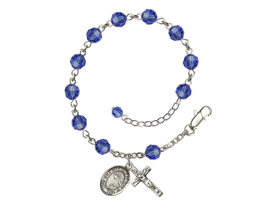 Footprints Cross 6mm Austrian Sapphire Crystal Sterling Silver Rosary Bracelet